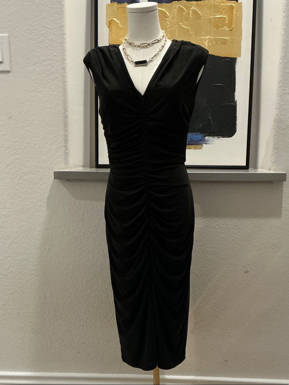 White House Black Market Black Ruched V-Neck Midi Dress